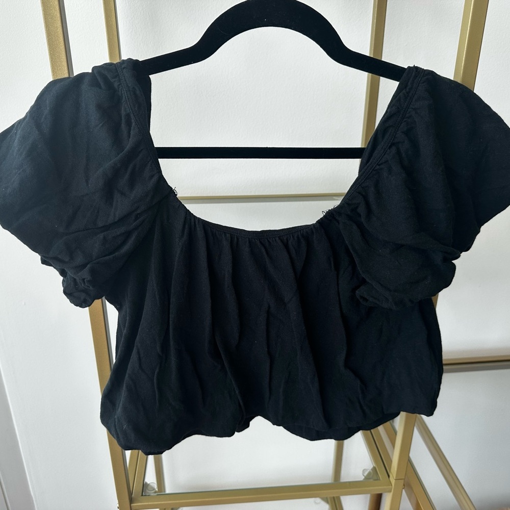 Free People Black Ruched Puff Sleeve Crop Top